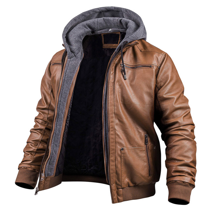 Men’s Leather Jacket with Hood and Zipper Pockets