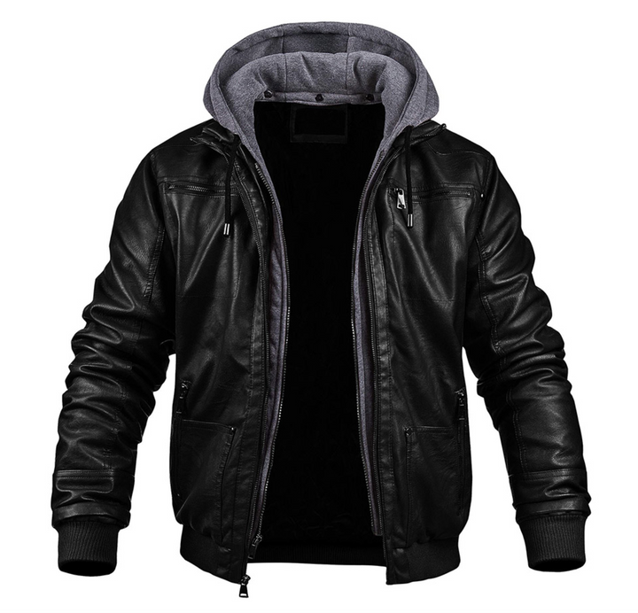 Men’s Leather Jacket with Hood and Zipper Pockets