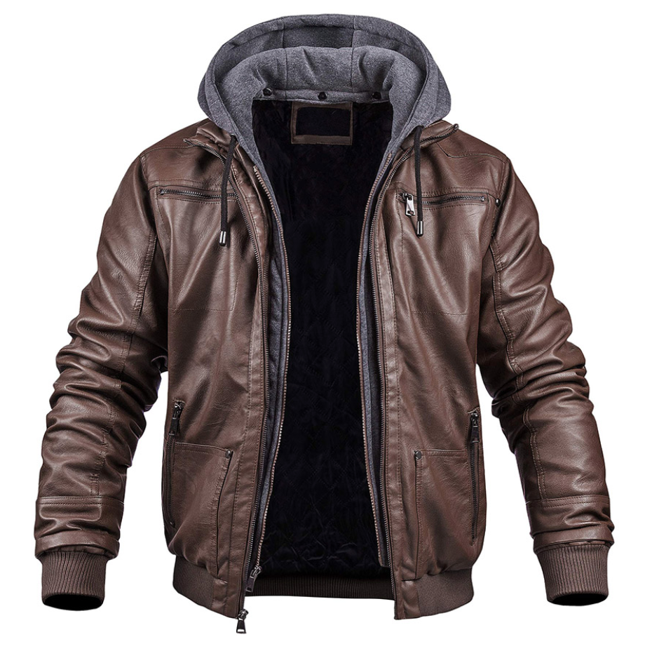 Men’s Leather Jacket with Hood and Zipper Pockets
