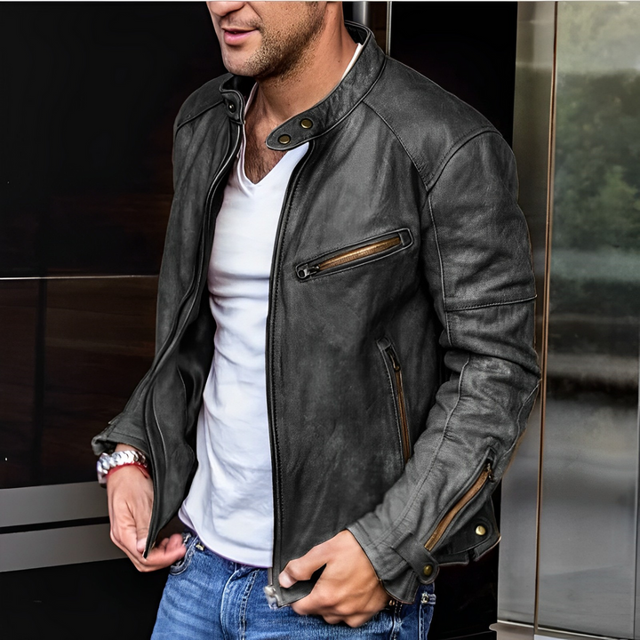 Men’s Leather Jacket with Stand Collar and Zip Pocket Detail