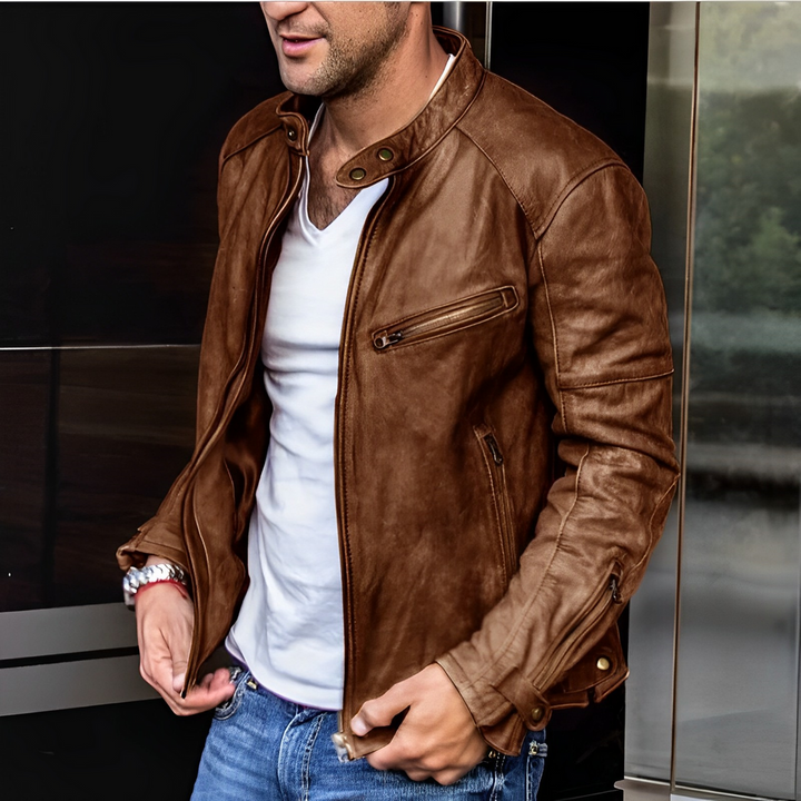 Men’s Leather Jacket with Stand Collar and Zip Pocket Detail