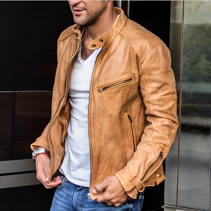 Men’s Leather Jacket with Stand Collar and Zip Pocket Detail
