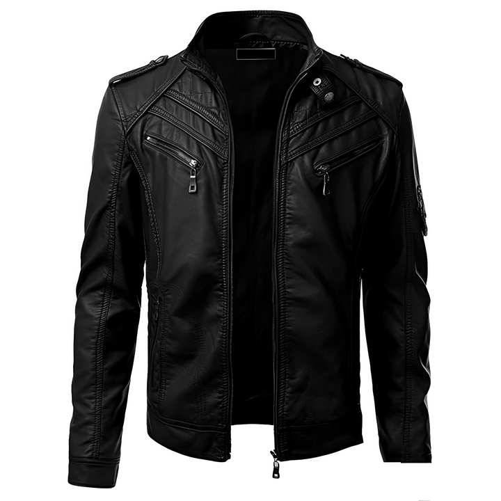 Men’s Leather Jacket with Stand Collar and Zippered Chest Pockets