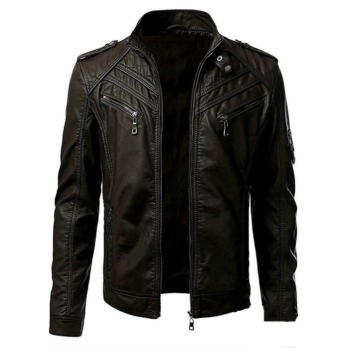 Men’s Leather Jacket with Stand Collar and Zippered Chest Pockets
