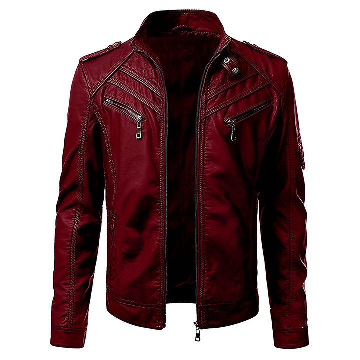 Men’s Leather Jacket with Stand Collar and Zippered Chest Pockets