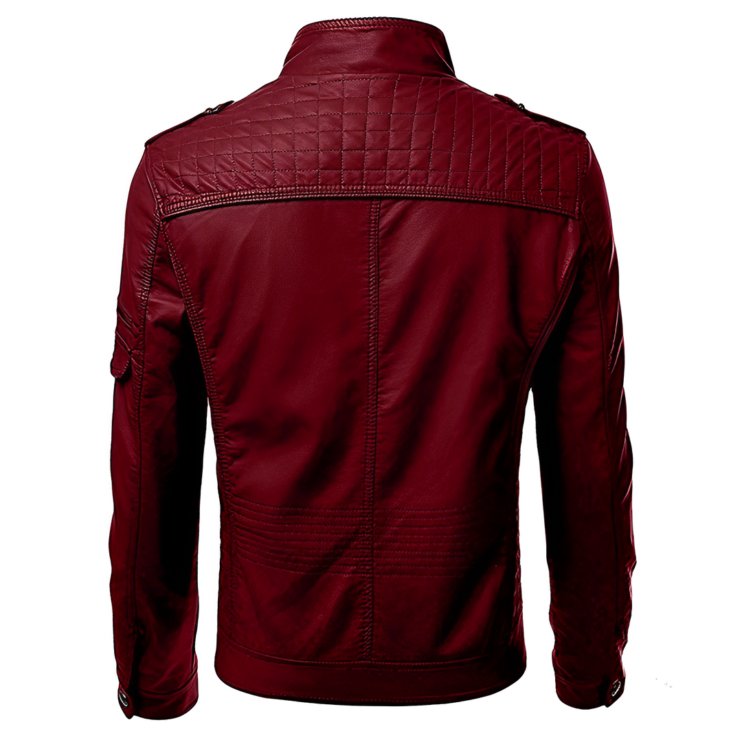 Men’s Leather Jacket with Stand Collar and Zippered Chest Pockets