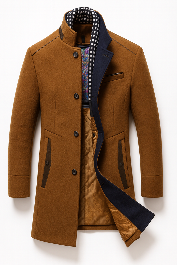 Front view showing stand collar, button placket, welt pockets and interior panel, brown