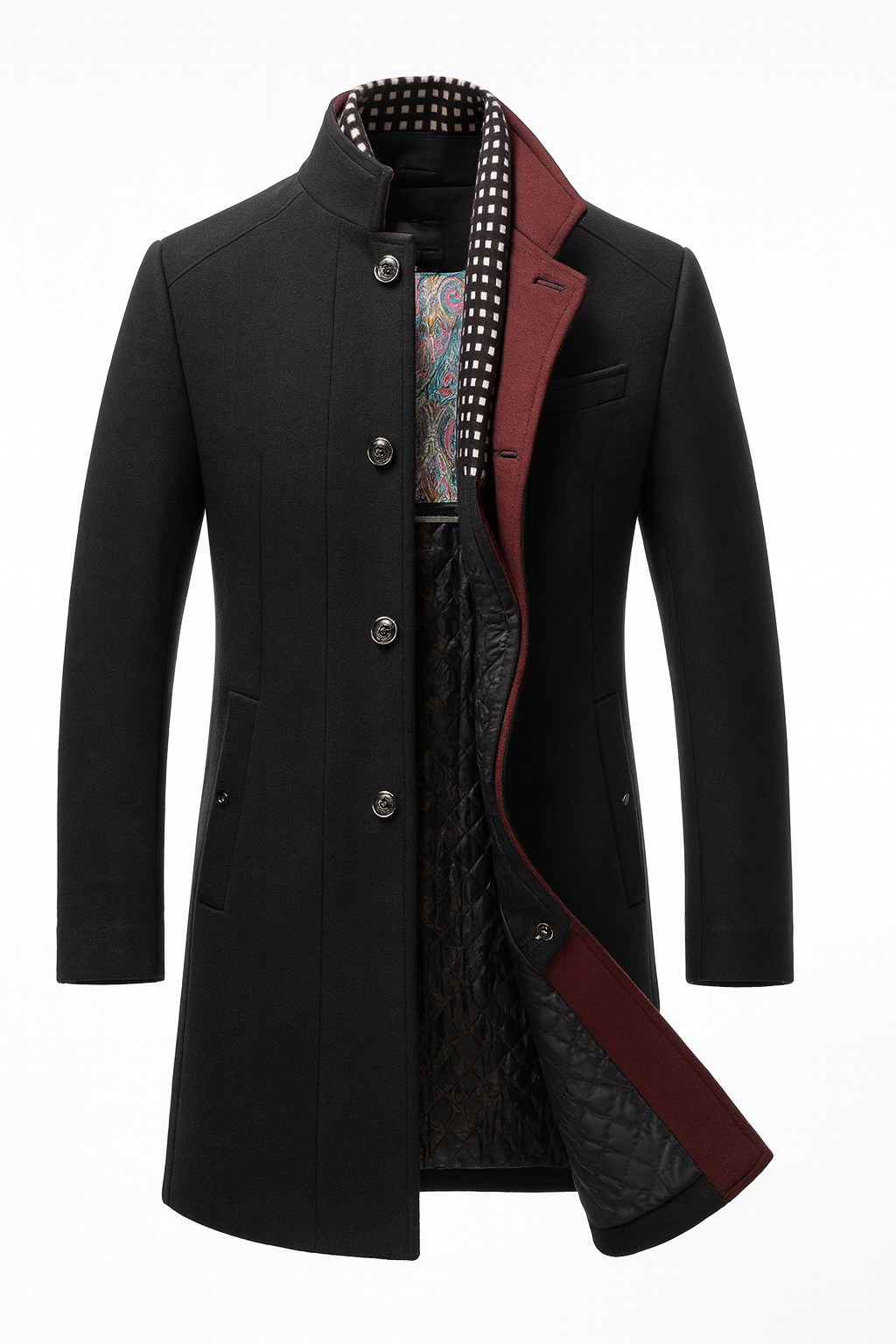 Front view showing stand collar, button placket, chest pocket and quilted interior panel, black