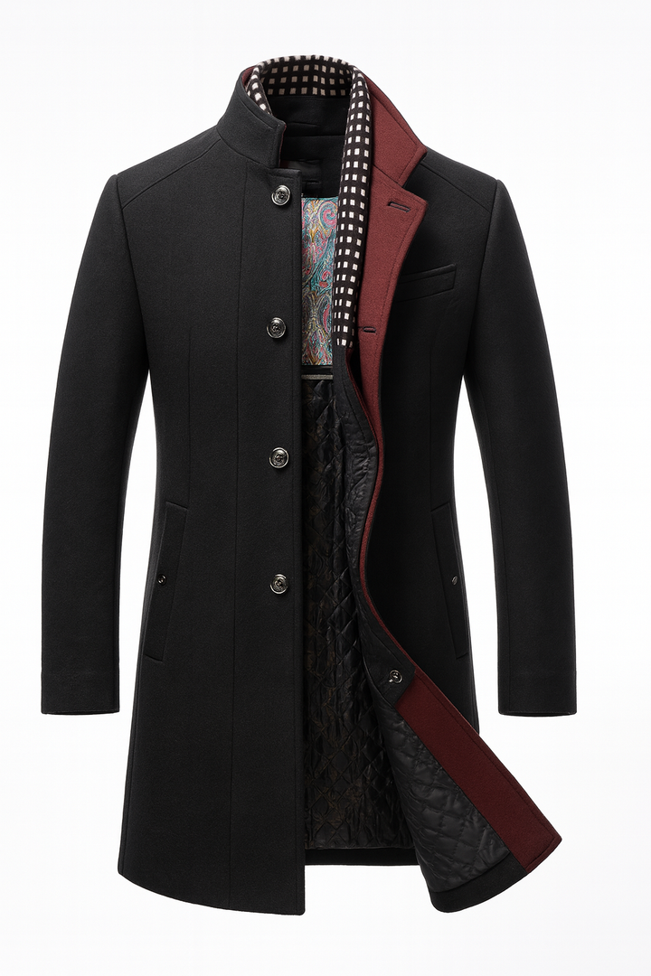 Front view showing stand collar, button placket, chest pocket and quilted interior panel, black