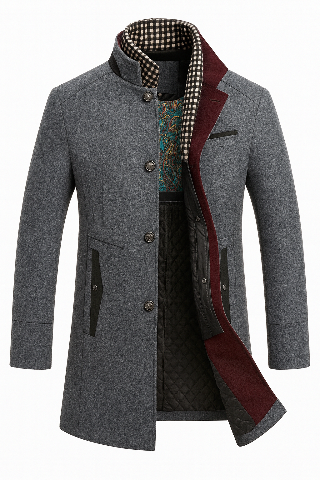 Front view showing stand collar, button placket, welt pockets and quilted interior panel, grey