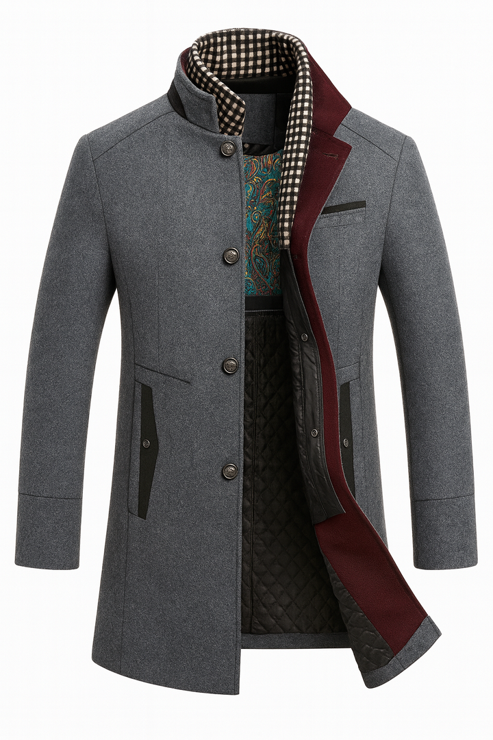 Front view showing stand collar, button placket, welt pockets and quilted interior panel, grey