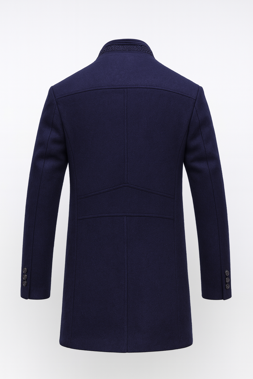 Back view showing stand collar, back seams and banded cuffs