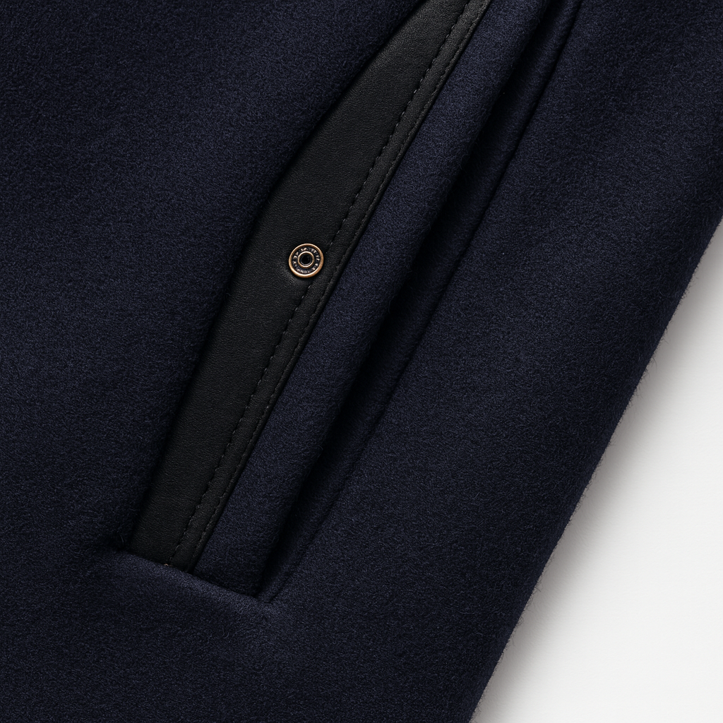 Detail view of welt pocket with stitched border and snap detail