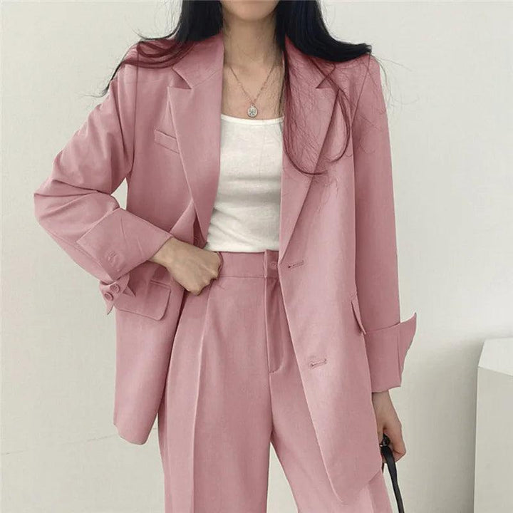 Women’s 2-Piece Suit Set with Button Front Blazer and Wide Leg Pants