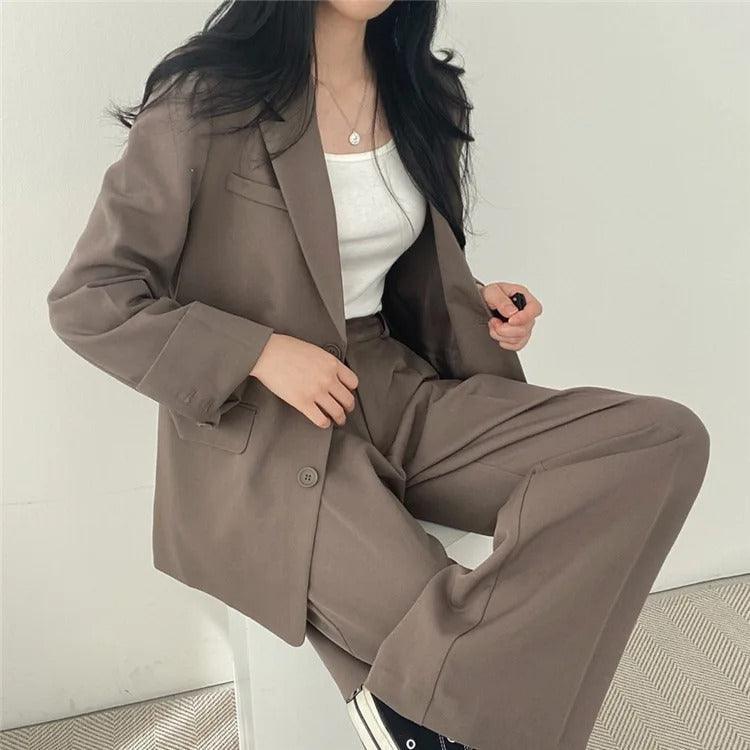 Women’s 2-Piece Suit Set with Button Front Blazer and Wide Leg Pants