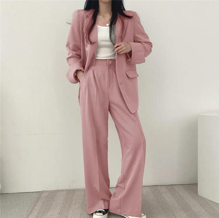 Women’s 2-Piece Suit Set with Button Front Blazer and Wide Leg Pants