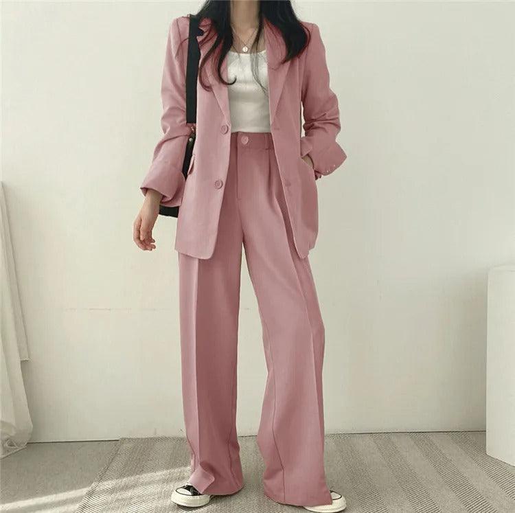 Women’s 2-Piece Suit Set with Button Front Blazer and Wide Leg Pants