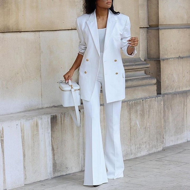 Women’s 2-Piece Suit Set with Double-Breasted Blazer and Flared Pants