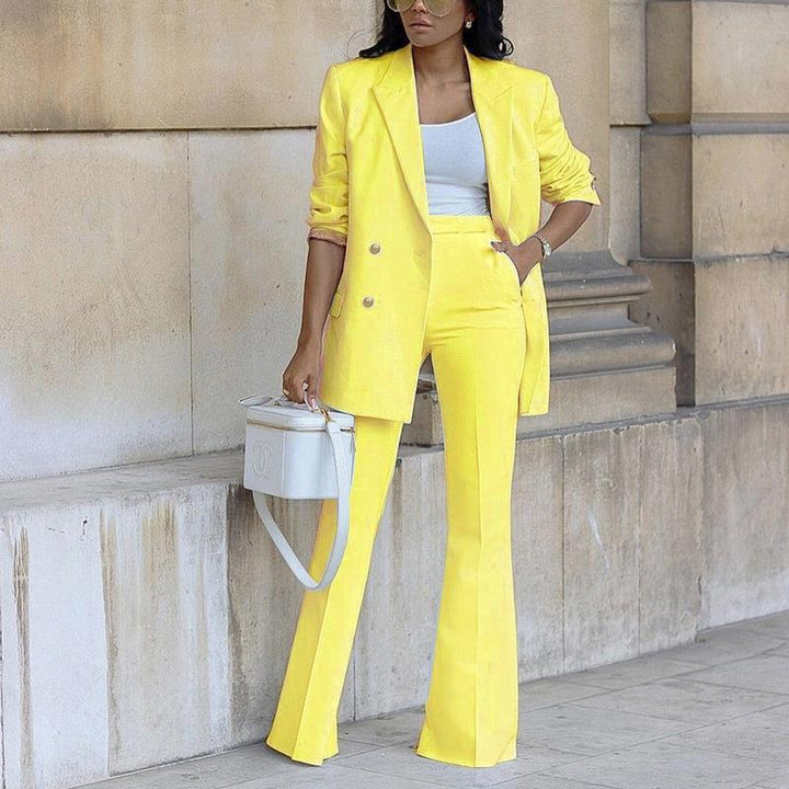 Women’s 2-Piece Suit Set with Double-Breasted Blazer and Flared Pants