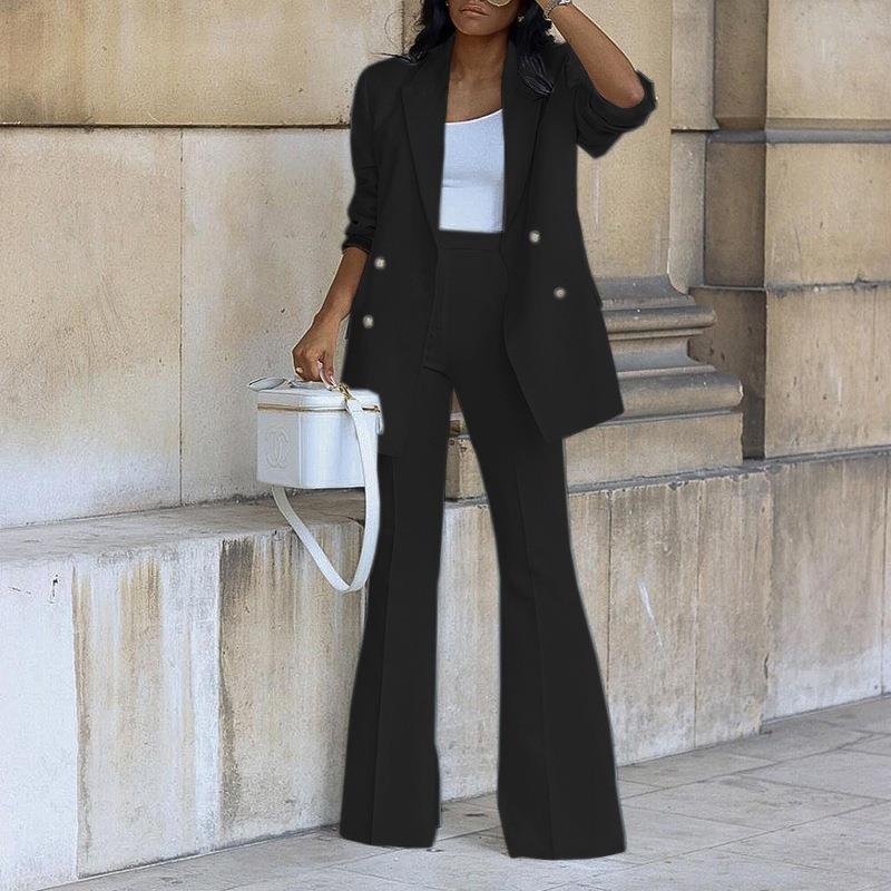 Women’s 2-Piece Suit Set with Double-Breasted Blazer and Flared Pants