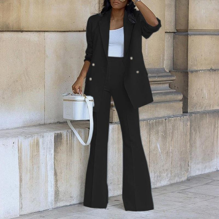 Women’s 2-Piece Suit Set with Double-Breasted Blazer and Flared Pants