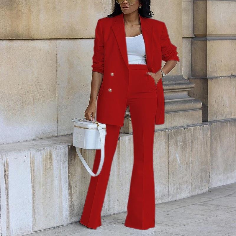 Women’s 2-Piece Suit Set with Double-Breasted Blazer and Flared Pants
