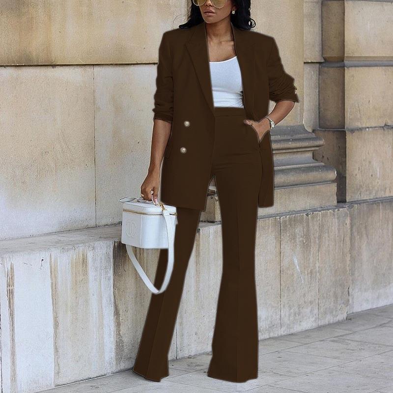 Women’s 2-Piece Suit Set with Double-Breasted Blazer and Flared Pants