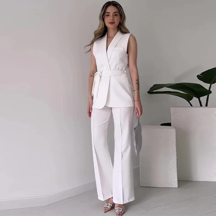 Women’s 2-Piece Suit Set with Sleeveless Blazer and Wide Leg Pants