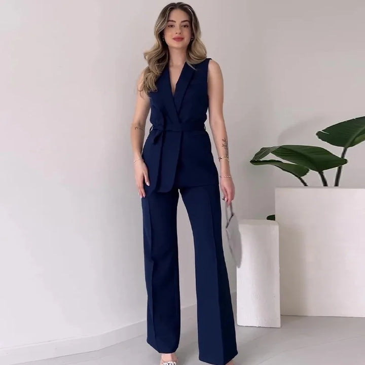Women’s 2-Piece Suit Set with Sleeveless Blazer and Wide Leg Pants