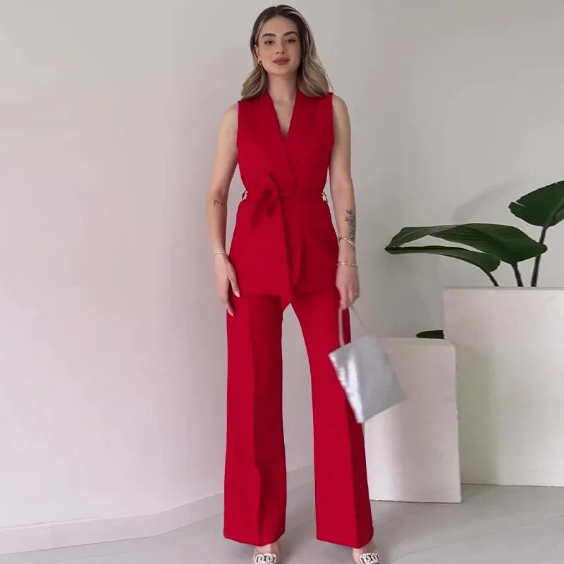 Women’s 2-Piece Suit Set with Sleeveless Blazer and Wide Leg Pants