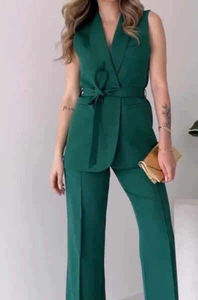 Women’s 2-Piece Suit Set with Sleeveless Blazer and Wide Leg Pants