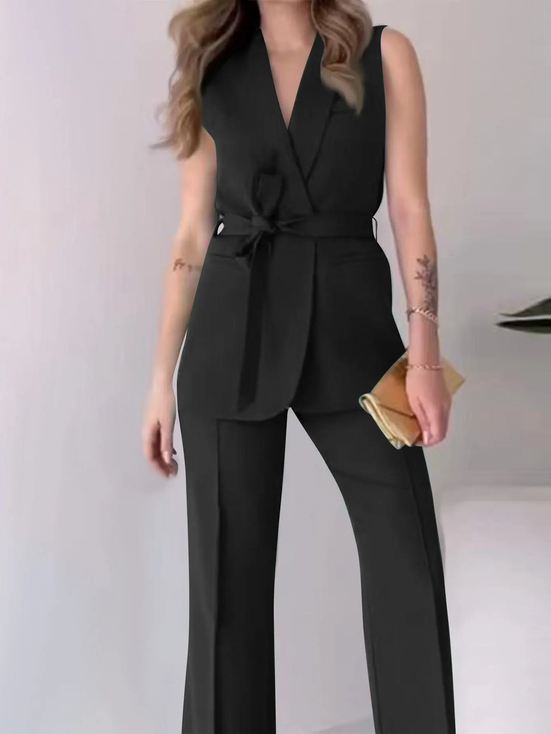 Women’s 2-Piece Suit Set with Sleeveless Blazer and Wide Leg Pants