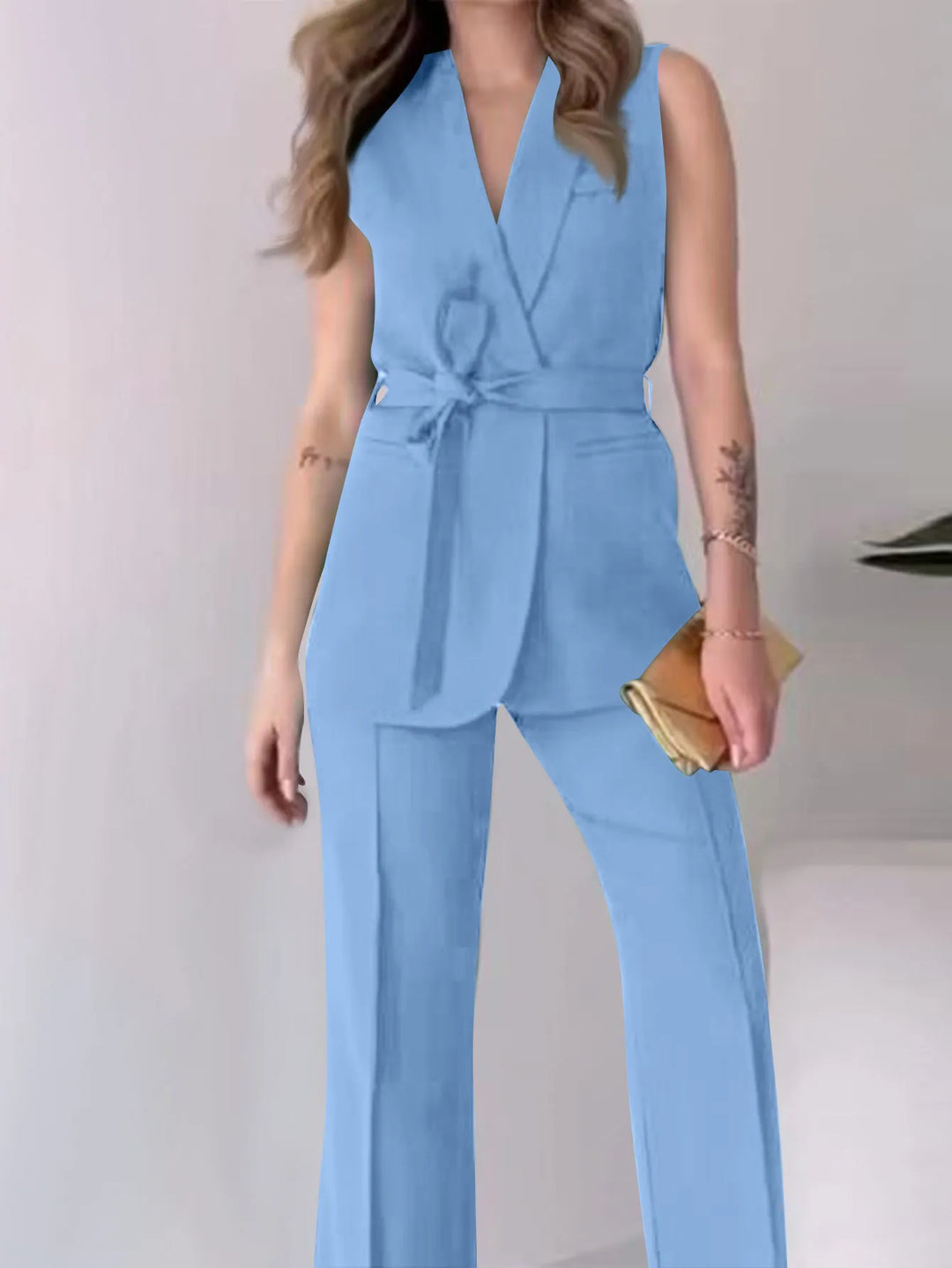 Women’s 2-Piece Suit Set with Sleeveless Blazer and Wide Leg Pants