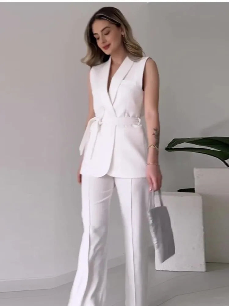 Women’s 2-Piece Suit Set with Sleeveless Blazer and Wide Leg Pants