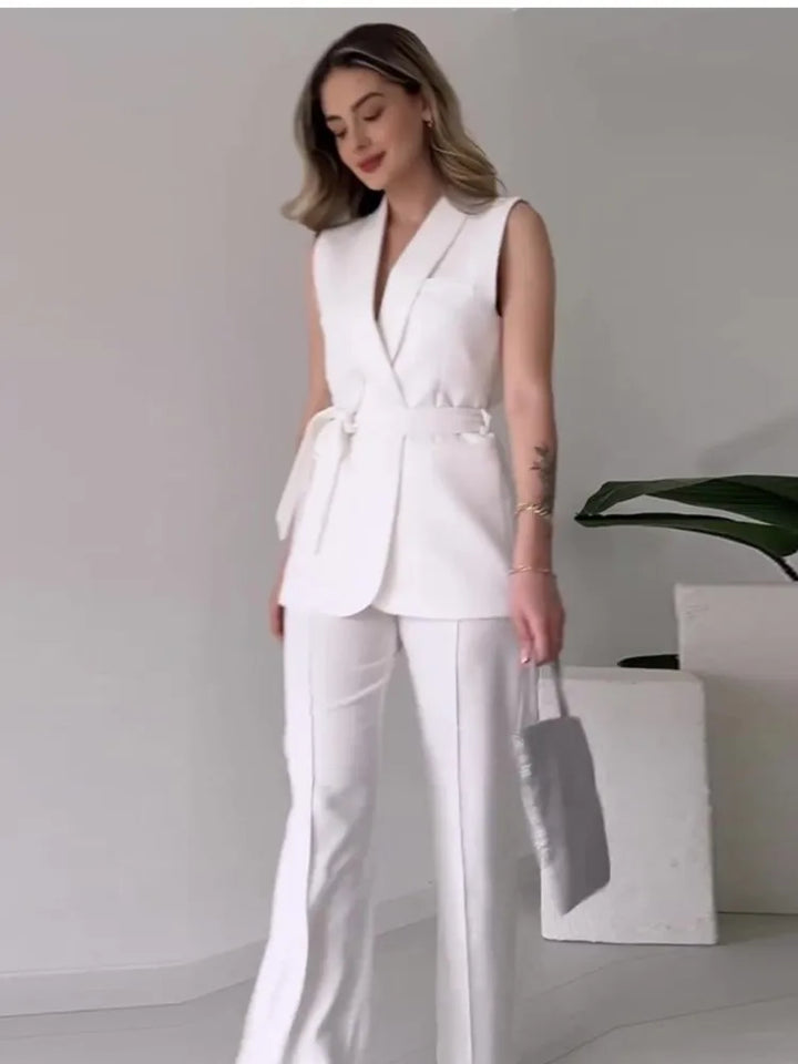 Women’s 2-Piece Suit Set with Sleeveless Blazer and Wide Leg Pants