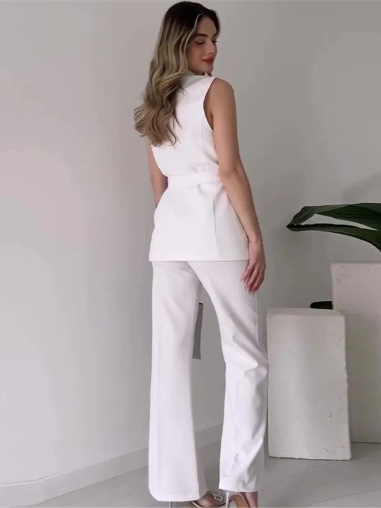 Women’s 2-Piece Suit Set with Sleeveless Blazer and Wide Leg Pants