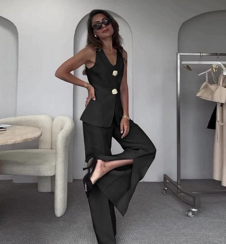 Women’s 2-Piece Suit Set with Sleeveless V-Neck Top and Wide Leg Pants
