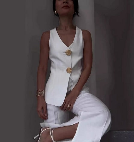 Women’s 2-Piece Suit Set with Sleeveless V-Neck Top and Wide Leg Pants