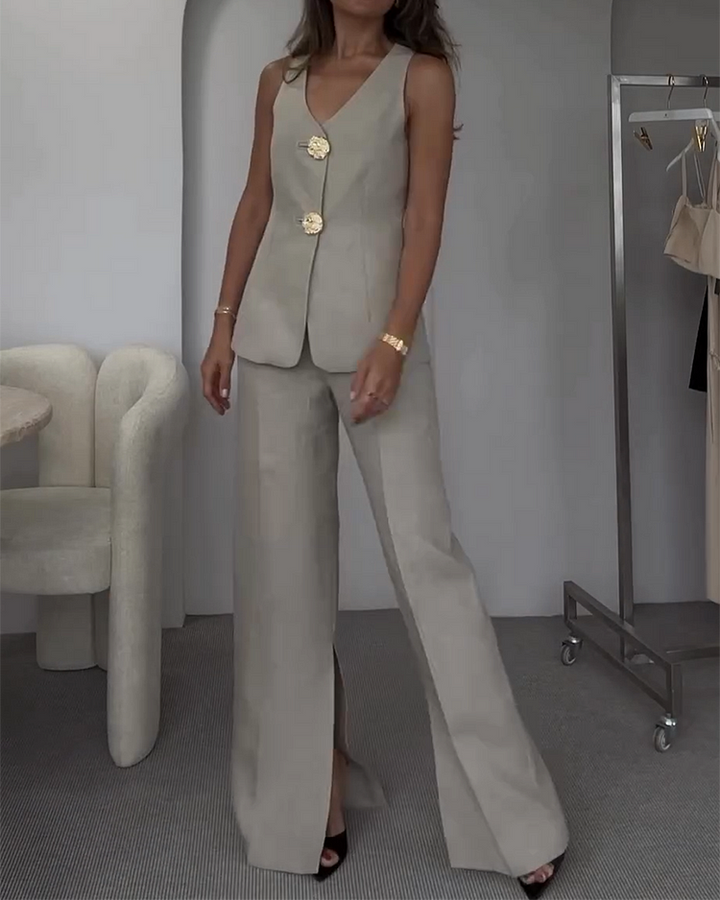 Women’s 2-Piece Suit Set with Sleeveless V-Neck Top and Wide Leg Pants