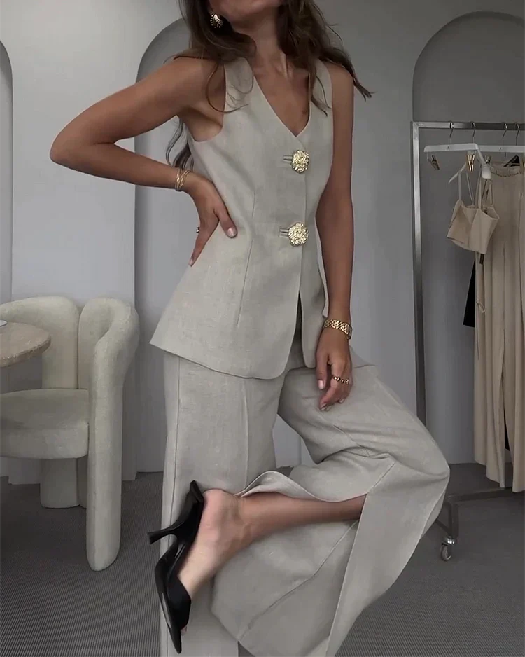 Women’s 2-Piece Suit Set with Sleeveless V-Neck Top and Wide Leg Pants