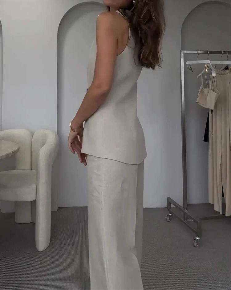 Women’s 2-Piece Suit Set with Sleeveless V-Neck Top and Wide Leg Pants