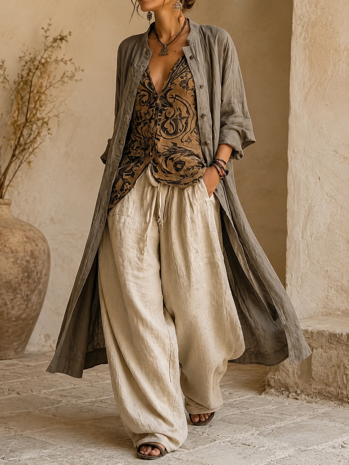 Women’s 3-Piece Set with Button-Front Outer Layer and Printed Sleeveless Top