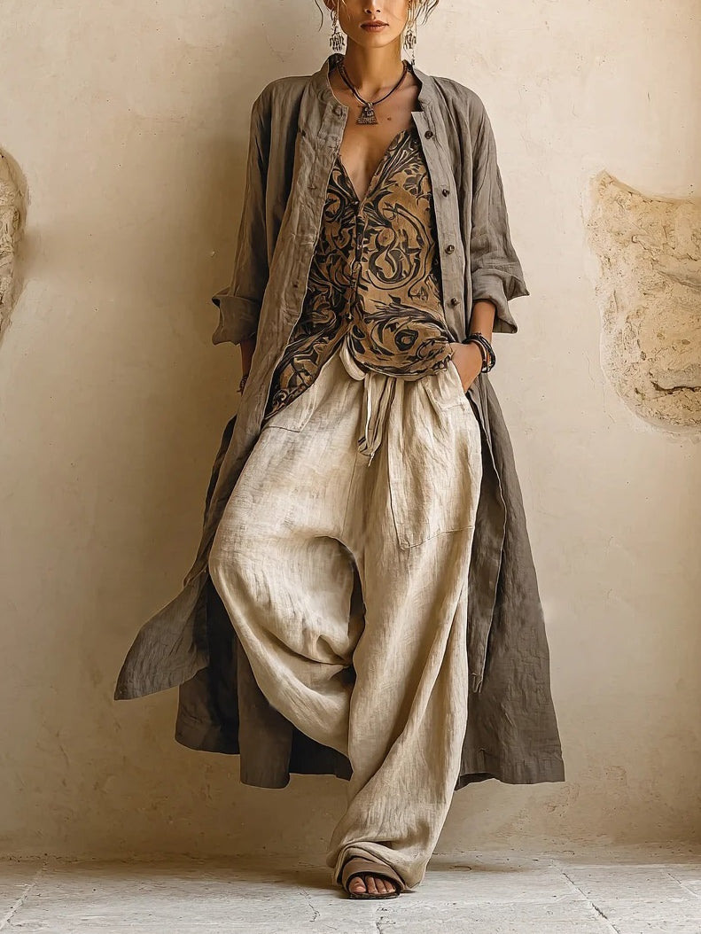 Women’s 3-Piece Set with Button-Front Outer Layer and Printed Sleeveless Top