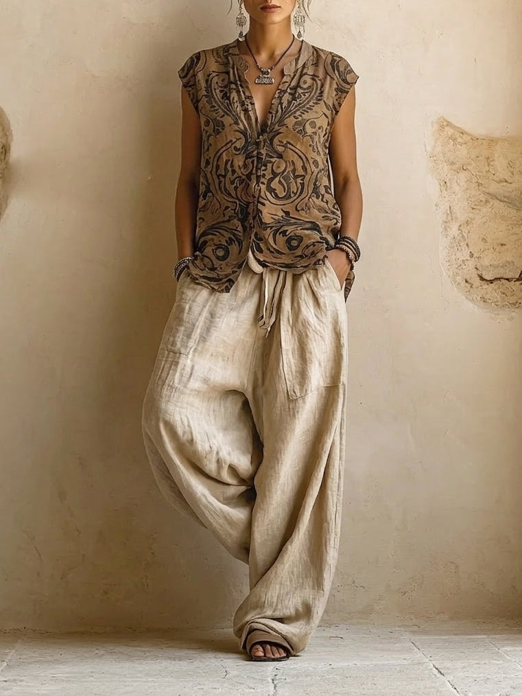 Women’s 3-Piece Set with Button-Front Outer Layer and Printed Sleeveless Top