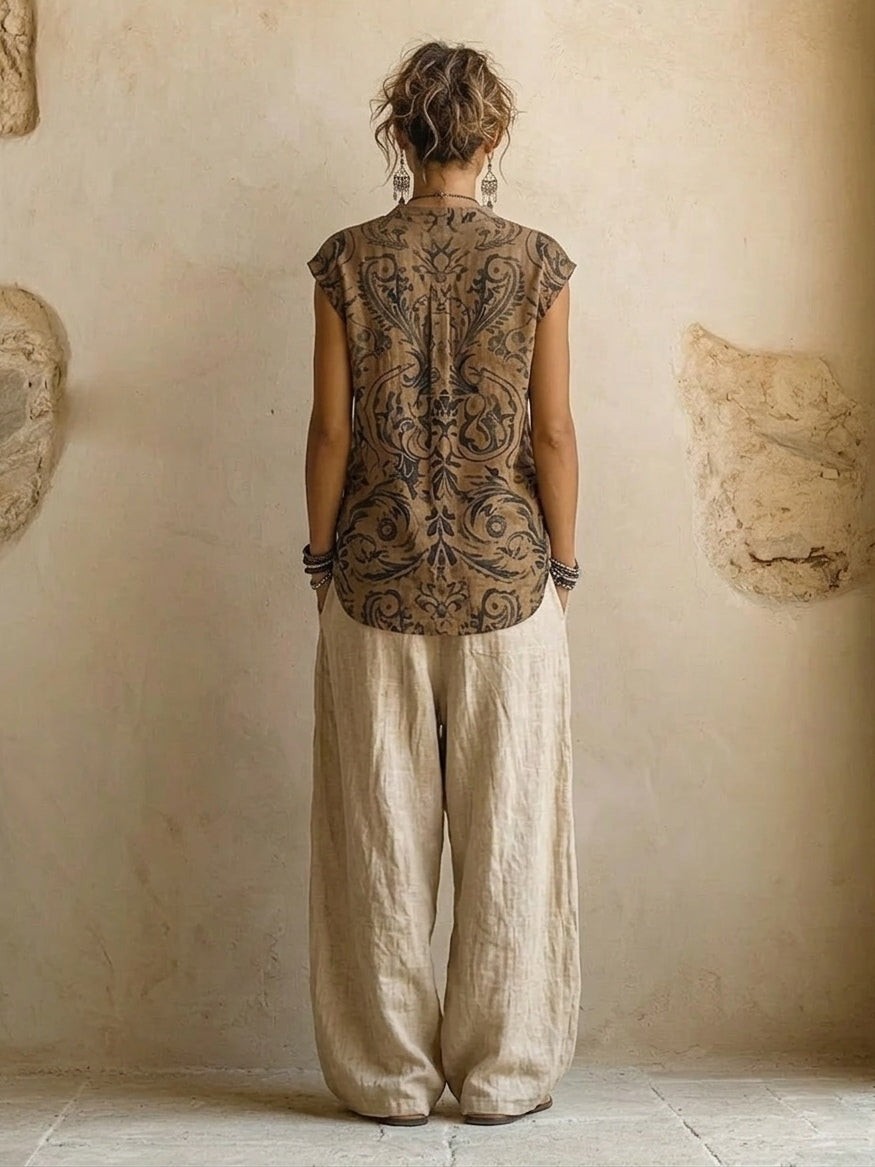 Women’s 3-Piece Set with Button-Front Outer Layer and Printed Sleeveless Top