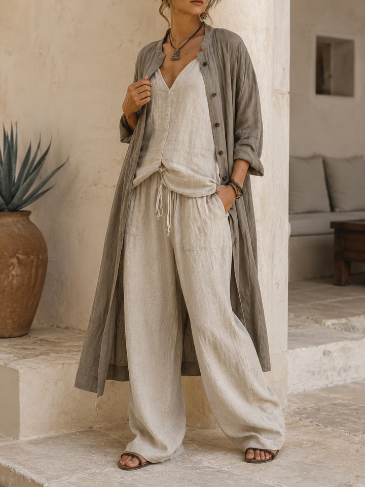 Women’s 3-Piece Set with Longline Outer Layer and Wide-Leg Pants