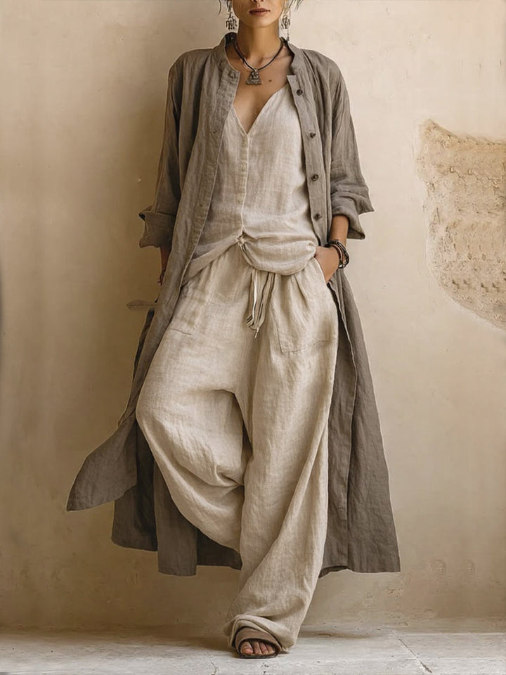 Women’s 3-Piece Set with Longline Outer Layer and Wide-Leg Pants