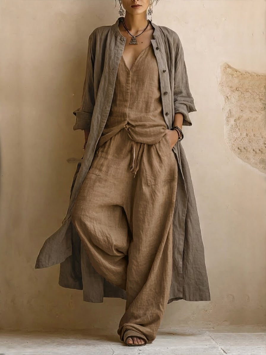 Women’s 3-Piece Set with Longline Outer Layer and Wide-Leg Pants
