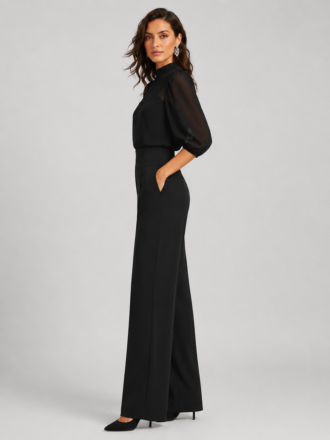 Side view showing puff sleeves, side pocket and wide legs