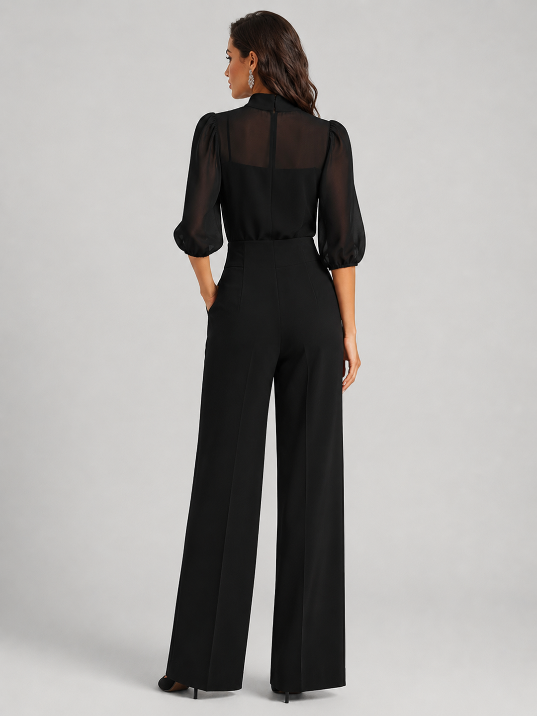 Back view showing sheer back and wide legs